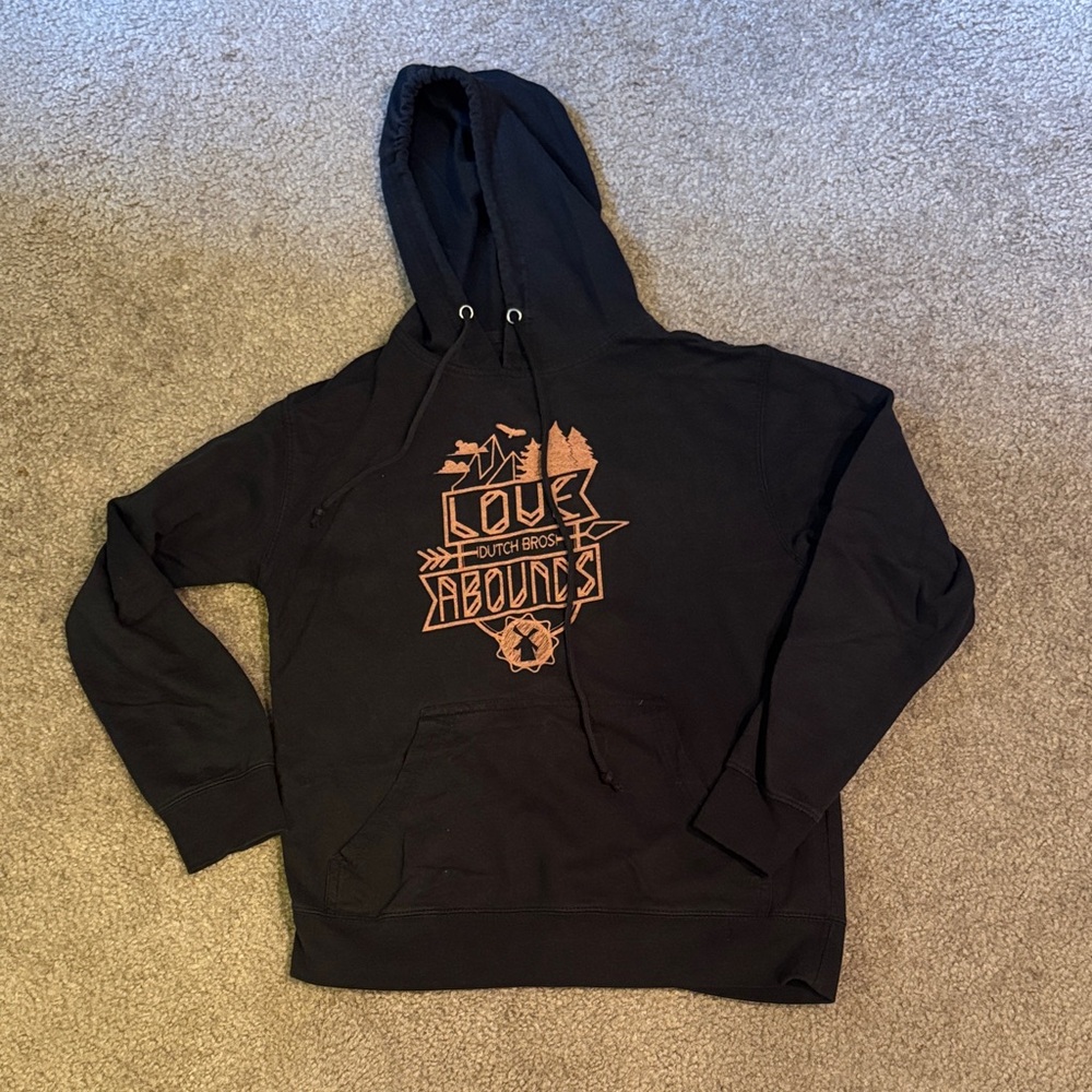 Dutch Bros Love Abounds Black Hoodie with Graphic Design